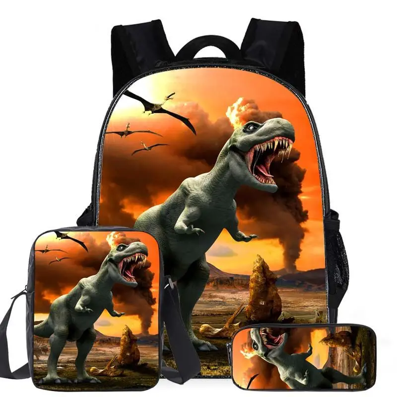 Classico popolare cartone animato dinosauro 3D stampato 3 pezzi / set borse da scuola per alunni zaino per laptop zaino borsa a tracolla inclinata astuccio