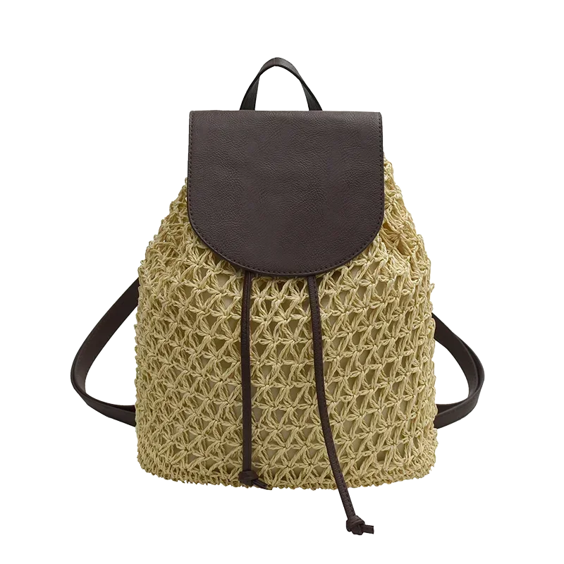 Mochila informal de paja para mujer, de gran capacidad de PU ahuecado morral, versátil y Simple, de alta calidad, para vacaciones de verano, 2024