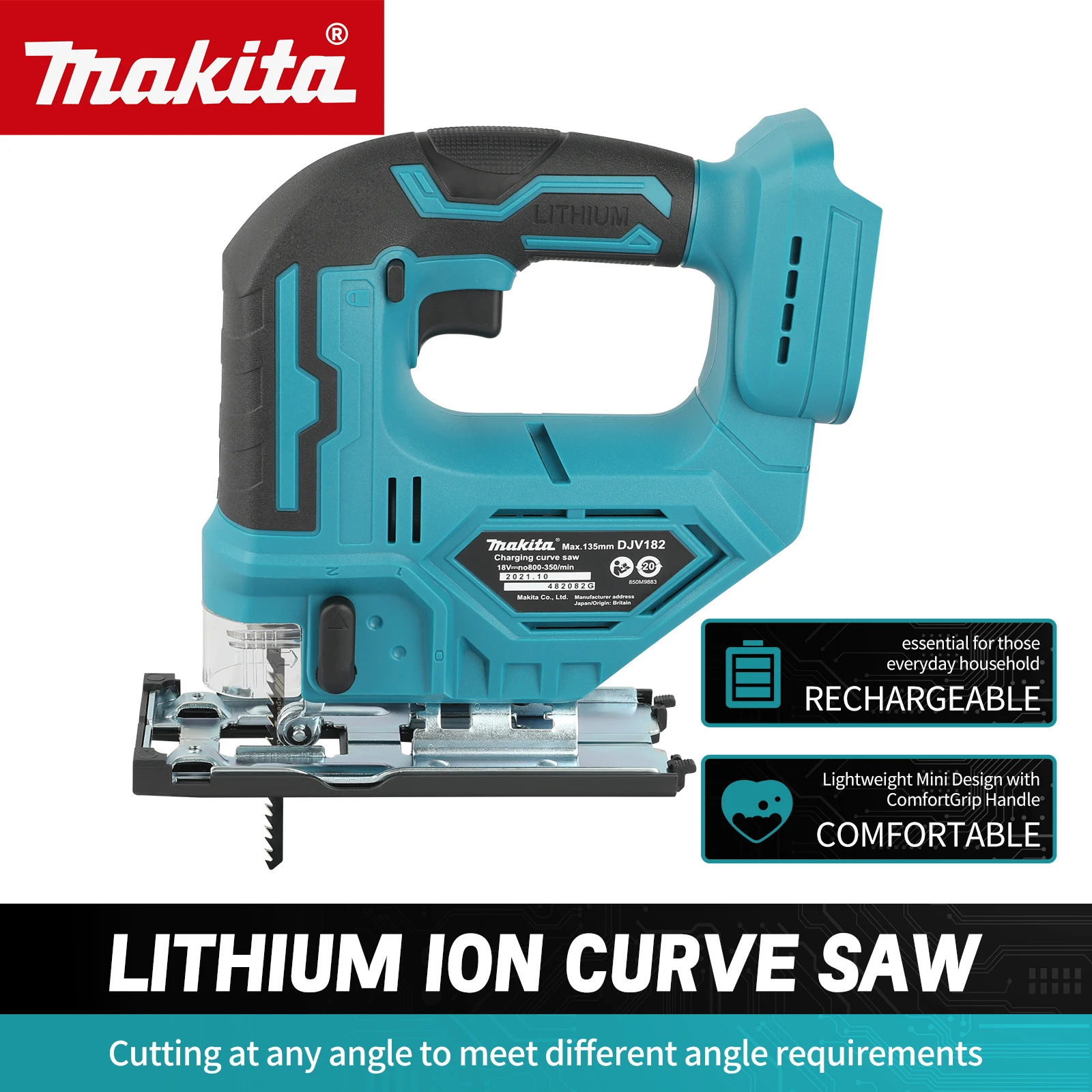 

Аккумуляторная лобзик Makita (DJV182): 18 В, 0–2700 об/мин для линейной/диагольной/игнутой резки, деревообработки и домашних работ своими руками