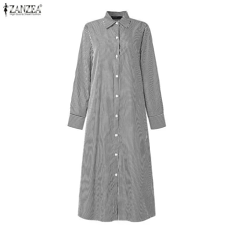 2026 ZANZEA Modisches Damen-Hemdblusenkleid mit Reverskragen und langen Ärmeln, Frühling, Büro, OL-Kleider, gestreiftes Midi-Kleid, lockeres Urlaubskleid