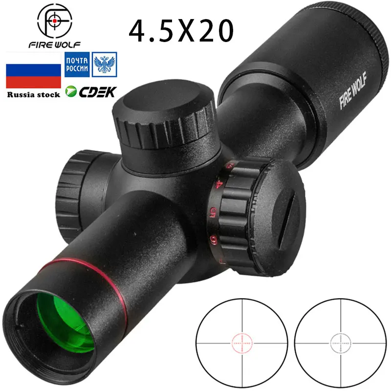 4.5x20 Compact Hunting Rifle Scope Red Illuminated Optical Sight P4 Reticle Riflescope With Flip-open Lens Caps and Rings