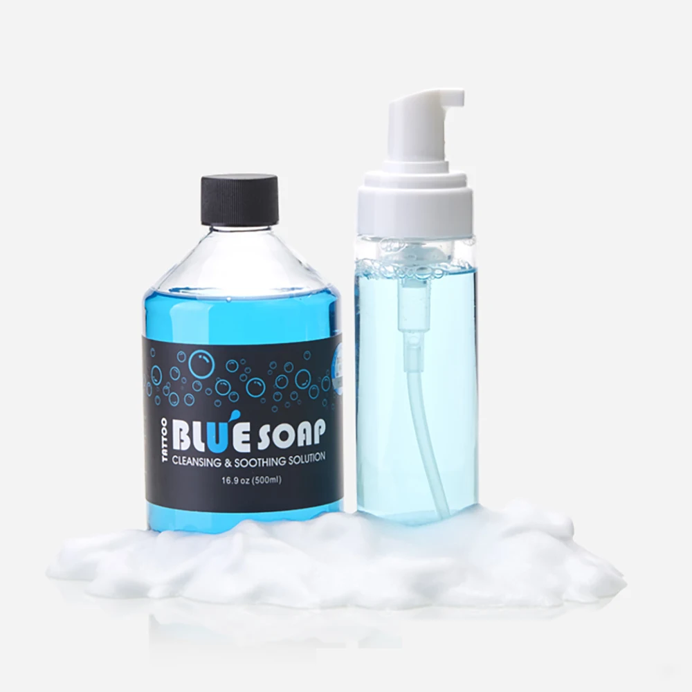 Sapone blu di qualità con diffusore di bottiglie di tatuaggio spremere la bottiglia di pulizia soluzione lenitiva sapone di alghe blu forniture per