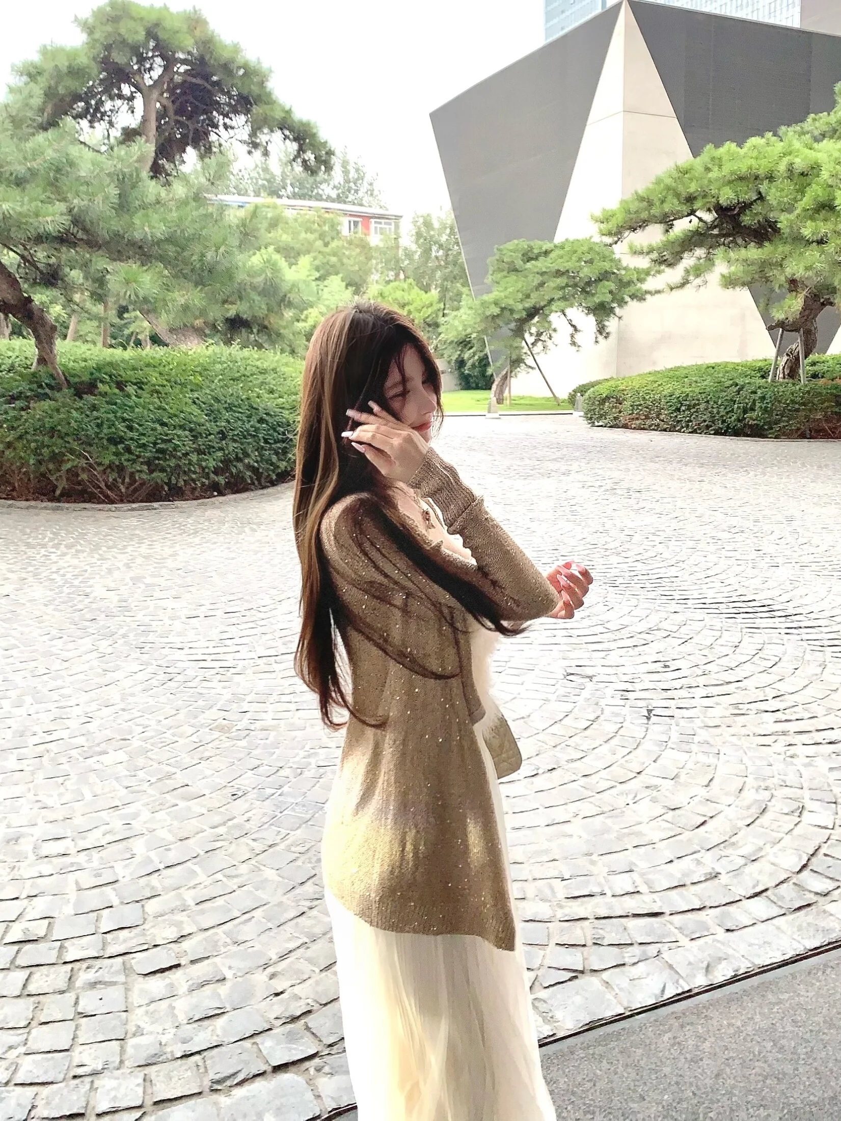 

Gold Tead Dense Weave Early Autumn Mid-Length Open Cardigan Outerwear Sweet Sle Long Sve Other Neline Other Pattern