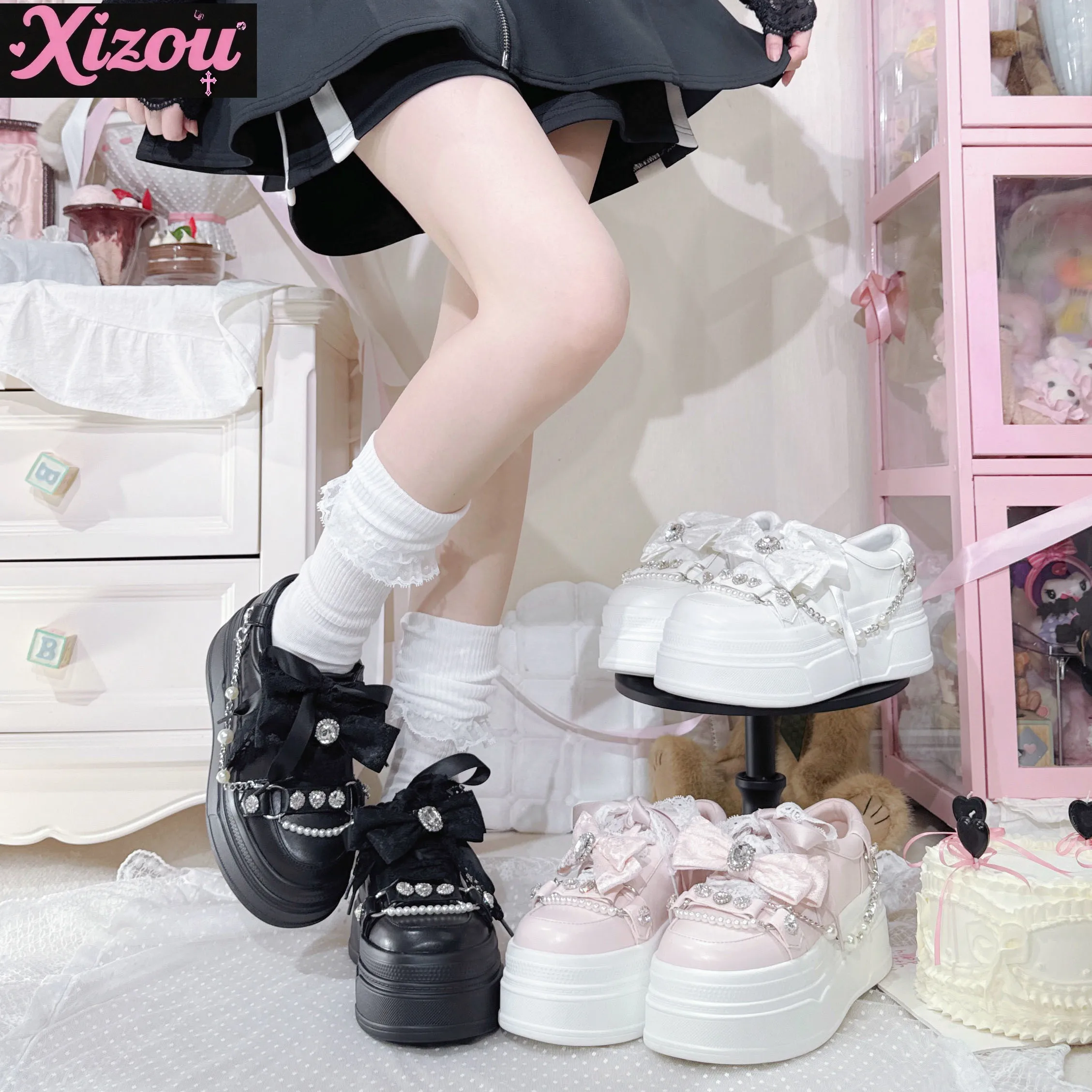 

Японские оригинальные туфли для маффинов на платформе Mine Series со стразами и лентой с бантом, милые туфли Jk для девочек, одинарные туфли Мэри Джейн