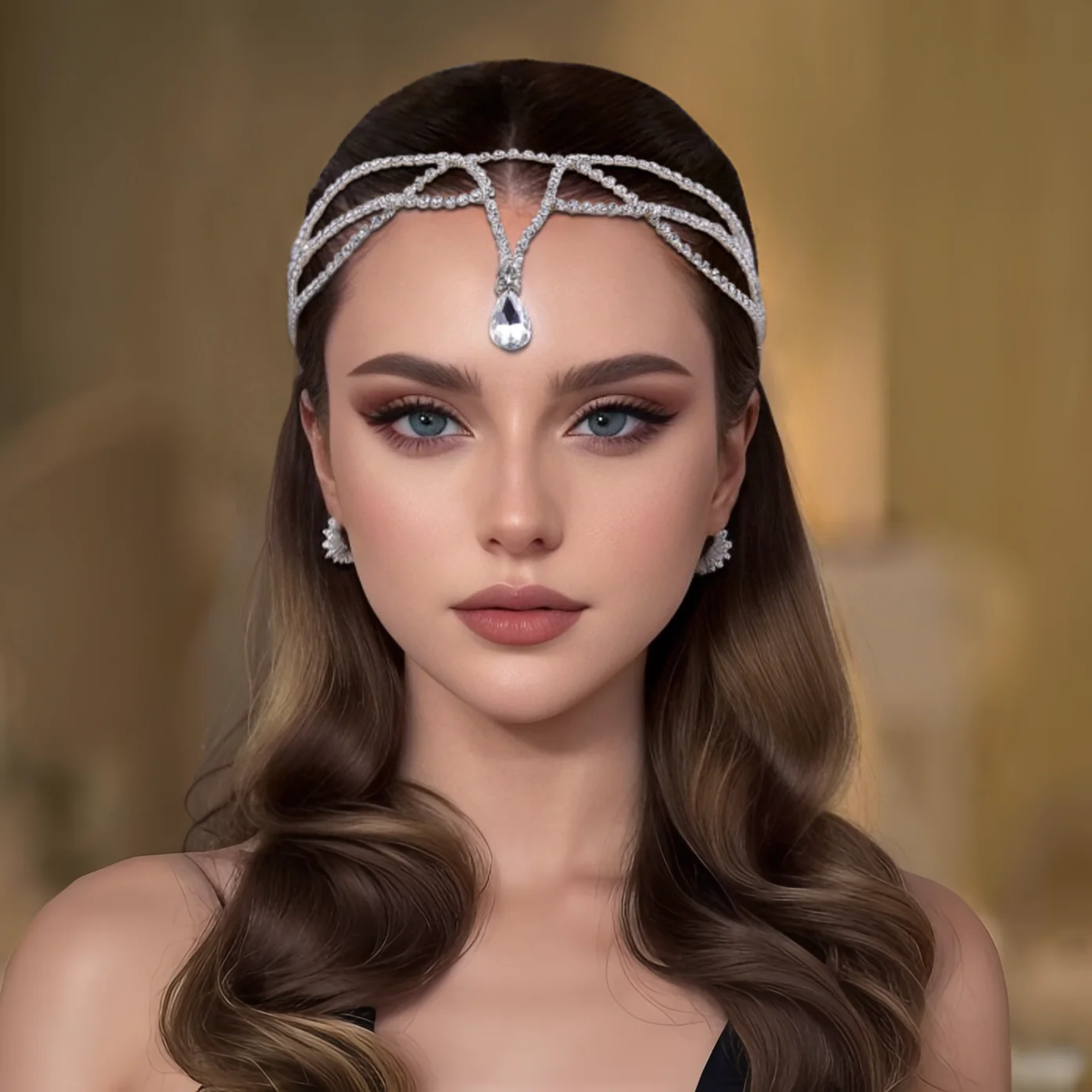 HP556 Elegant Rhinestone Wedding Forehead Headband Women Headdress Water Drop Bridal Head Tiara Bride Head Piece with Combs