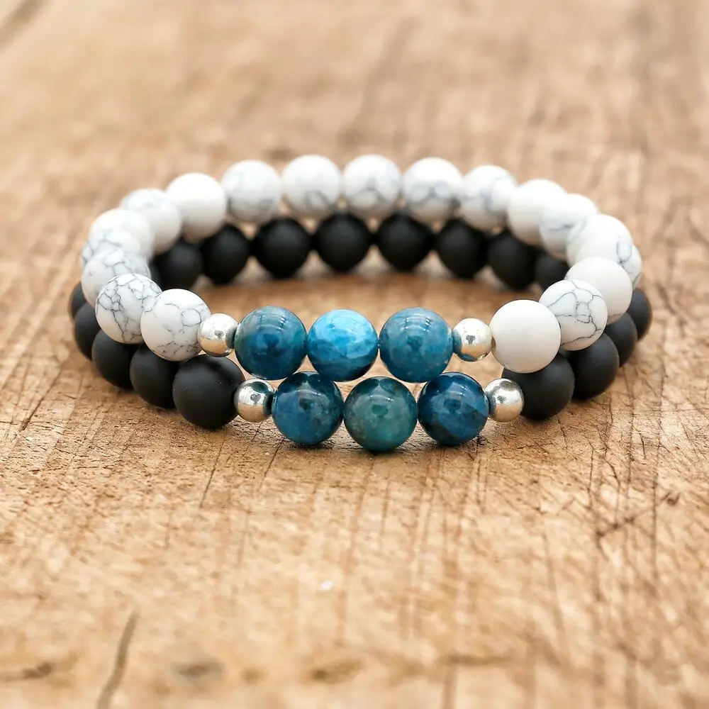 8mm Natural Stone Yoga Jewelry Healing White Howlite Apatite Black Matte Onyx Beaded Medation Mala Bracelet Women Men Gift