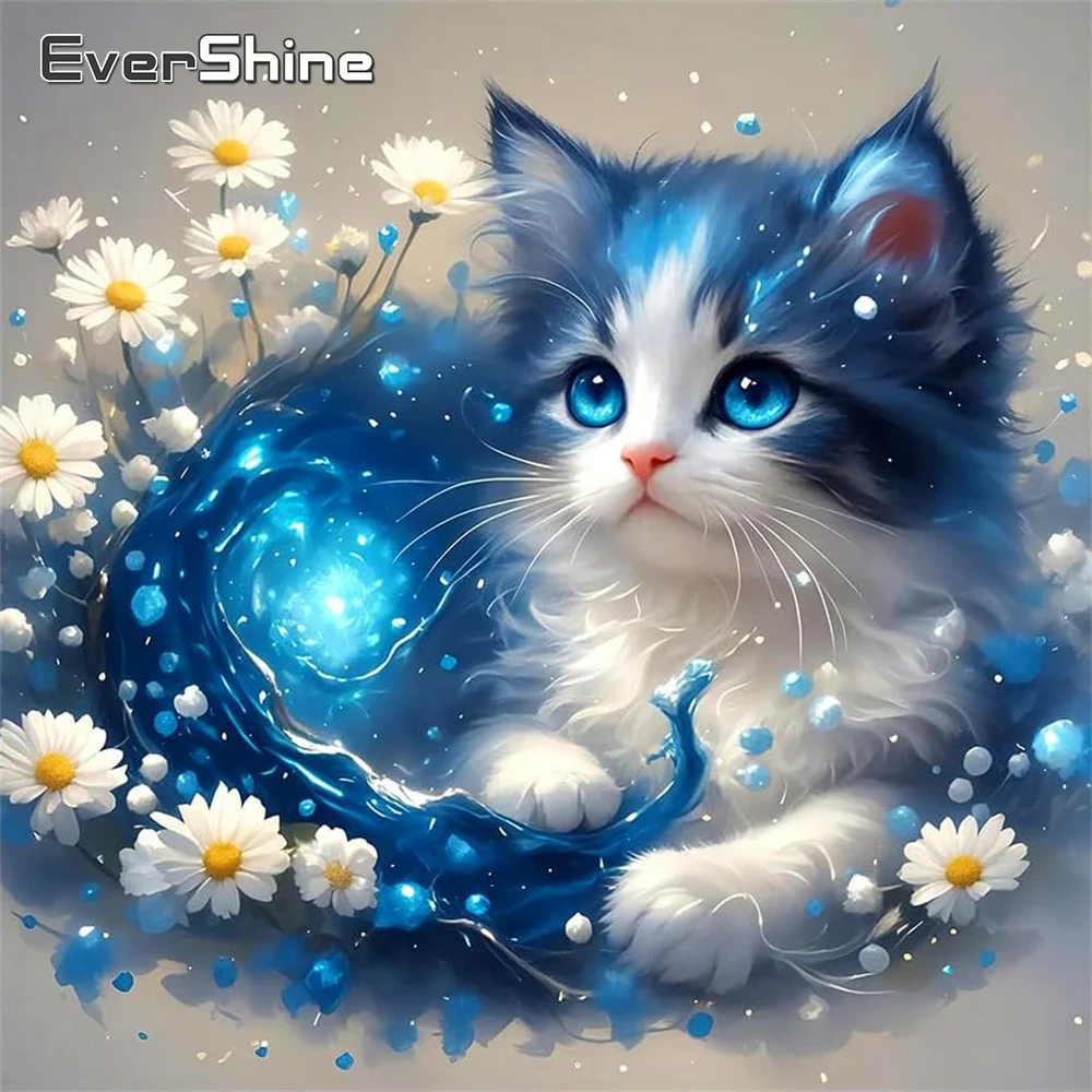 Evershine Diamant-Mosaik Katze Tier DIY Strass-Gemälde Gänseblümchen Vollquadrat Rund Kreuzstich Stickerei Heimdekoration