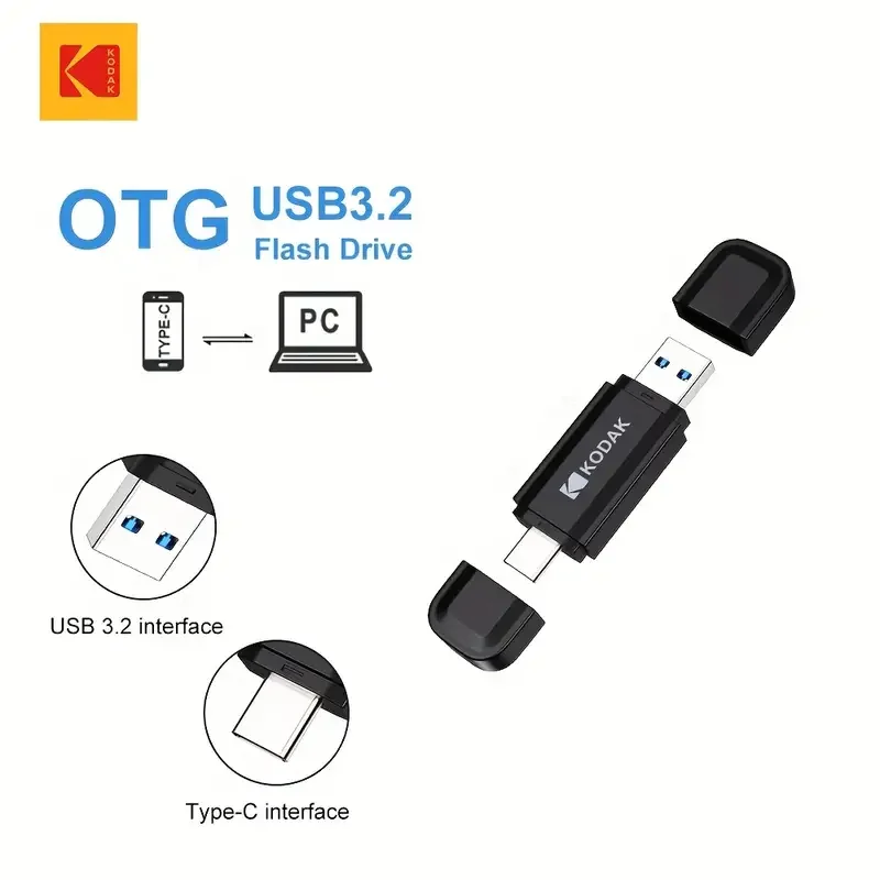 

Kodak 2-in-1 Type-C USB3.2 OTG Flash Drive USB Pen Drive 256GB/128GB/64GB/32GB High-Speed Portable Storage for Android/PC/Table