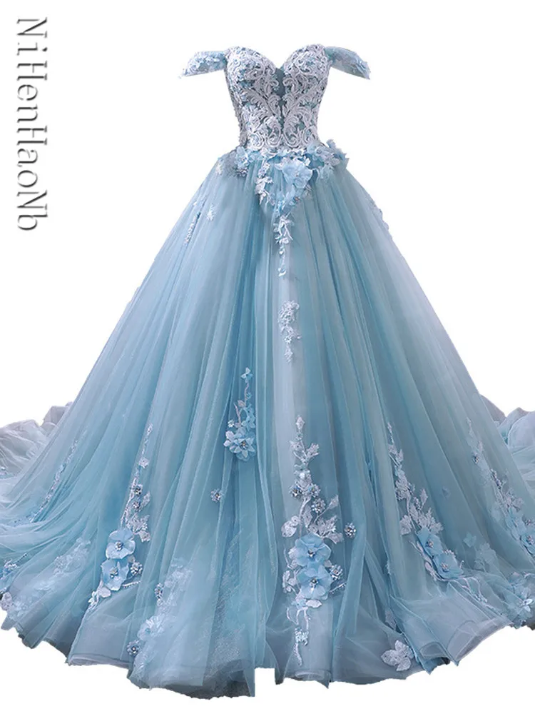 Blue Quinceanera Dresses Off The Shoulder Princess Prom Dress Lace Appliques Ball Gown With Small Train Vestidos De 15