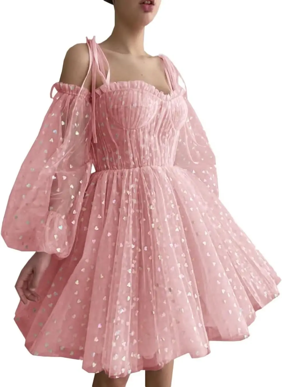 

Glitter Heart Tulle Homecoming Dresses for Teens Sweetheart Petite Prom Dresses Spaghetti Straps A Line Above Knee , Mini