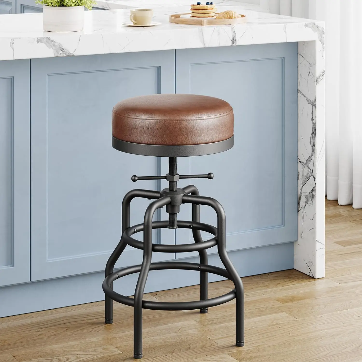 Adjustable Height Swivel Bar Stool, 22-29 Inch Industrial Vintage Bar Counter Height Stool with Thicken Premium Bonded Leathe