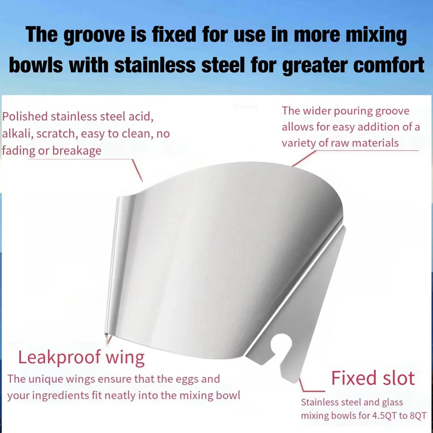 Splash Guard & Pouring Chute Attachment for KitchenAid Mixers - Fits Stainless Bowls，Stand Mixer Pouring Chute image 2