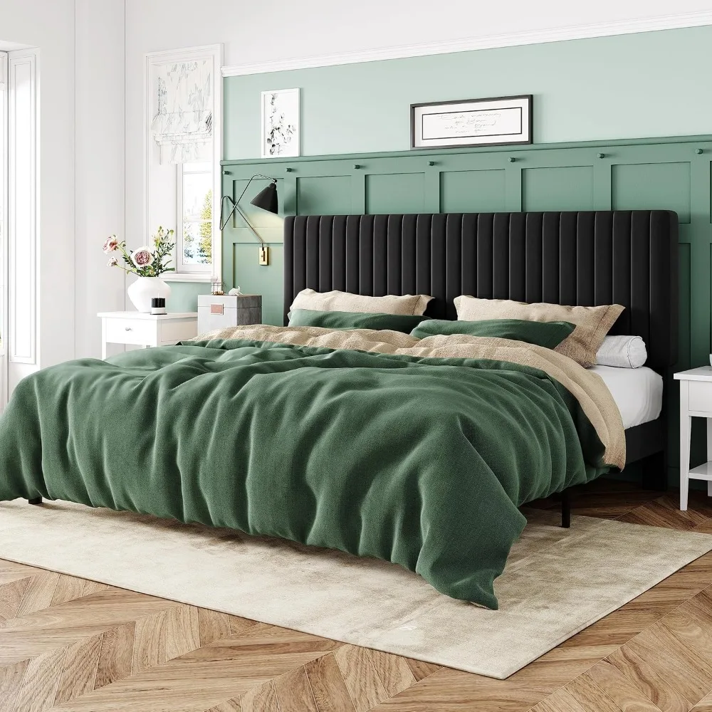 Extra large bed frame, velvet cushion, adjustable vertical channel cluster headboard, sturdy wooden strip mattress base