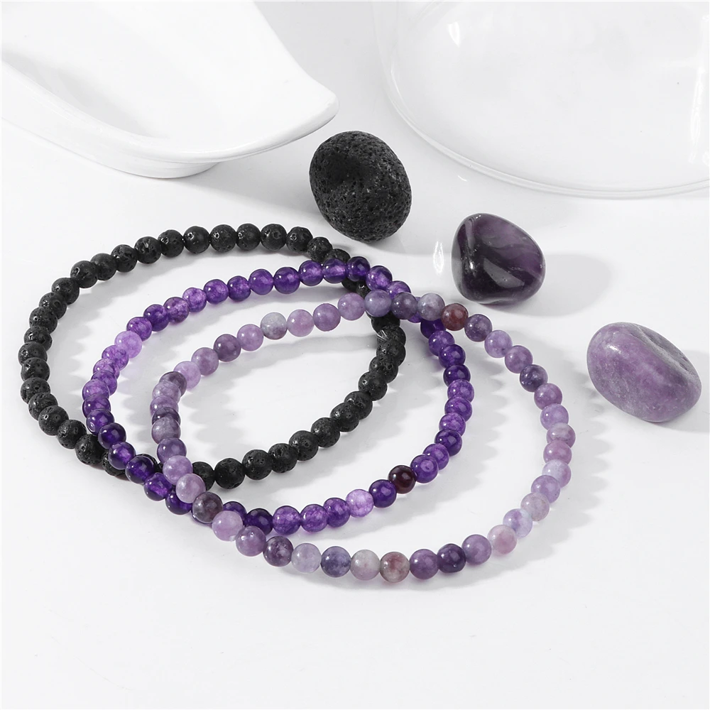 4mm Natural Stone Beads Bracelet With 3pcs Stones Rose Quartzs Amethysts Red Agates Turquoises Opal Bracelet Set For Women Men