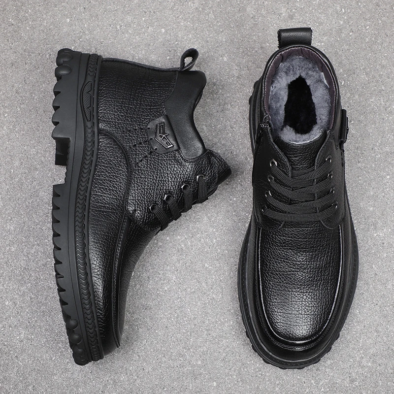 Mens Winter First Layer Cowhide Leather Shoes Wool Lined Warm Plush Cotton Shoes Comfortable Casual Footwear For Elderly Dad
