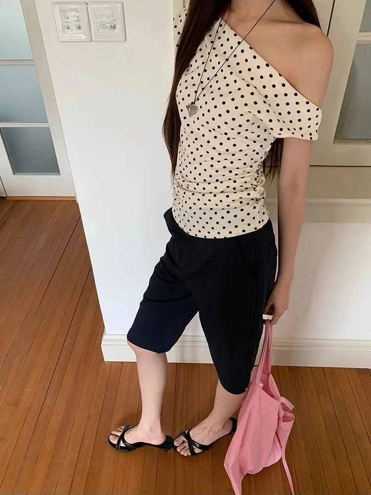 Sexy Woman T Shirts Slash Neck Off Shoulder Polka Dot Tees 2025 Ropa Mujer Vintage Summer Tshirts Fashion Korean Tunic Camisetas