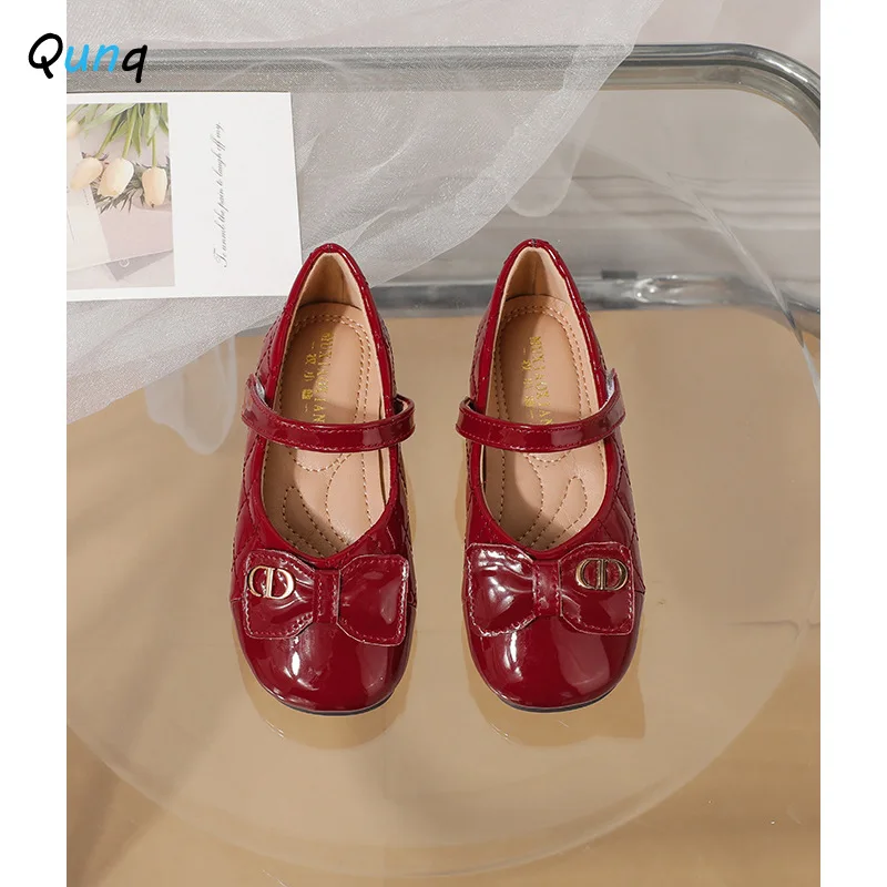 Qunq 2023 Spring and Autumn New Fashion Elegant Solid Color Girl Bow Soft Sole Girl Princess Leather Shoes crocs kids shoes