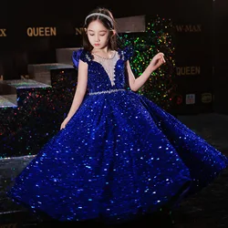 Blue Sequin Long Dress for Baby Girl Kid 2 To 12 Year Formal Red Puffy Dresses Evening Luxury Party Korean Children Gown Wedding