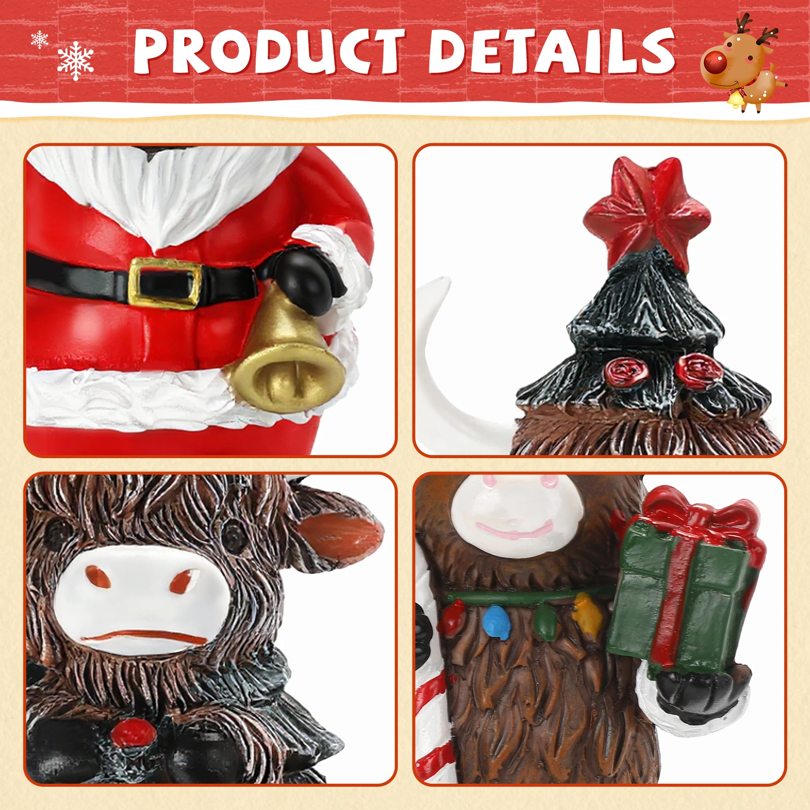 3 個のハイランド牛の置物スコットランドのクリスマスツリーの装飾牛キルト付きサンタ帽子スコットランドのお土産ホリデーホームデコレーション
