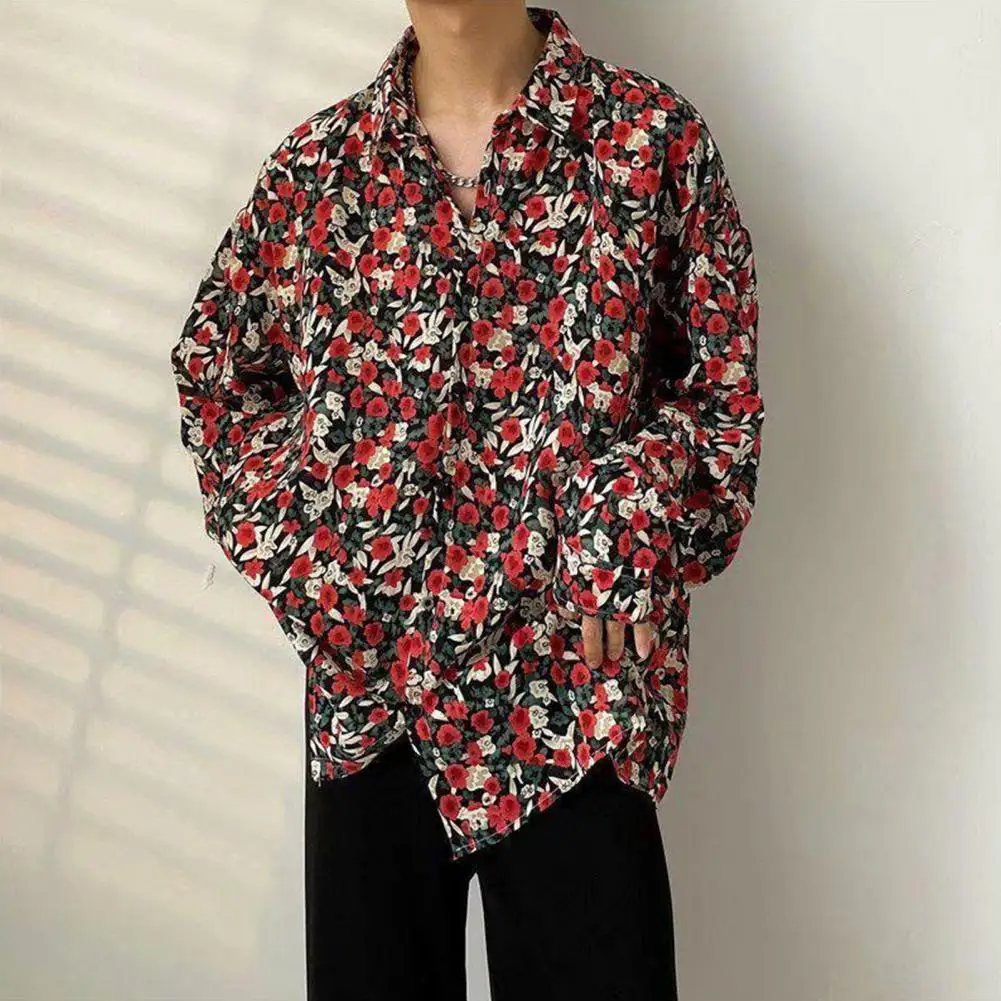 

Retro Floral Shirt Vintage Floral Print Cardigan for Men Retro Style Long Sleeve Shirt with Turn-down Collar Mid for Spring