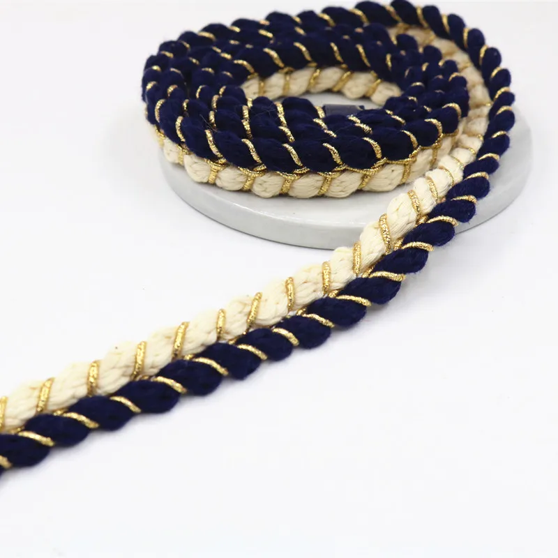 1.5cm Wide Gold Navy Blue Cotton Braid Webbing Lace Ribbon Twisted Rope DIY Scarf Jewelry Apparel Home Crafts Sewing Accessories