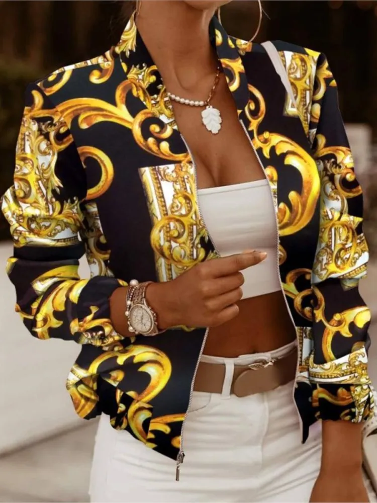 Women's Jackets Autumn Fashion Print Coat Spring Long Sleeve Zipper Short Jacket Lady Casual Pocket Slim Female Bomber Outwears