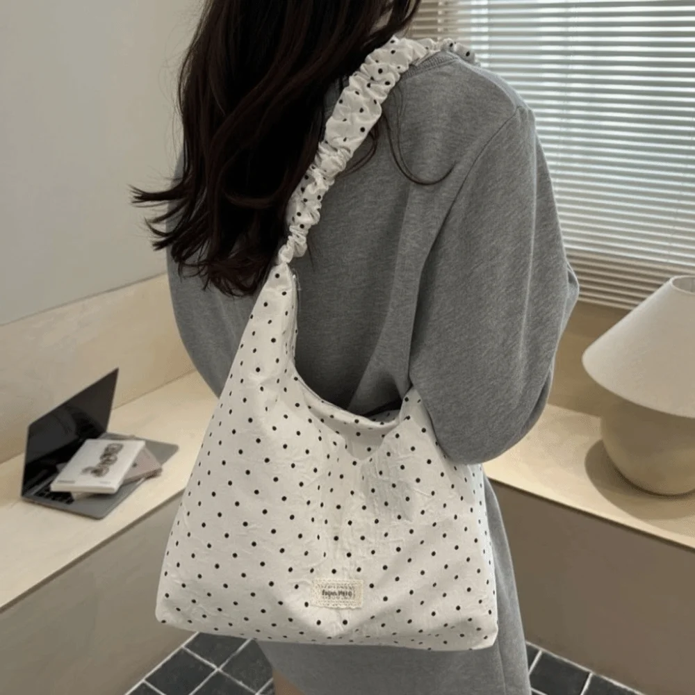 Retro Ruched Handle Polka Dot Shoulder Bag Korean Style Lightweight Tote Bag Canvas Hobo Bag Women Handbag Spicy Girl