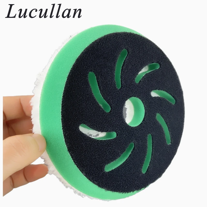 Lucullan 5.2inch Fan Blade Shape Hole Finishing Pad White Microfiber on a Green T Foam Sponge