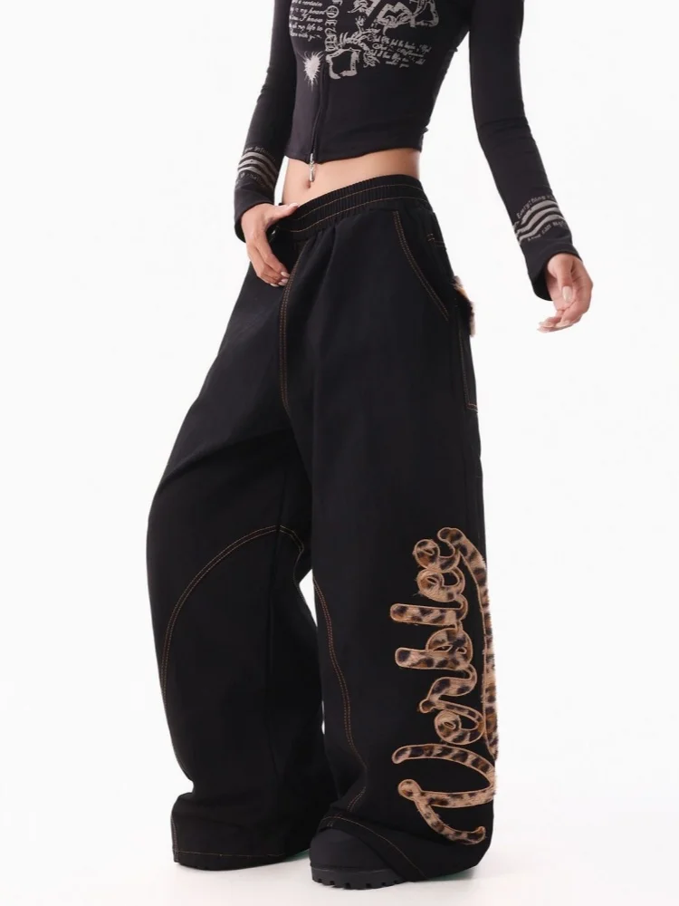 

Ropa Y2K 2021, модные черные мешковатые женские джинсы с леопардовой вышивкой, брюки для женской одежды, свободные хлопковые длинные брюки с широкими штанинами