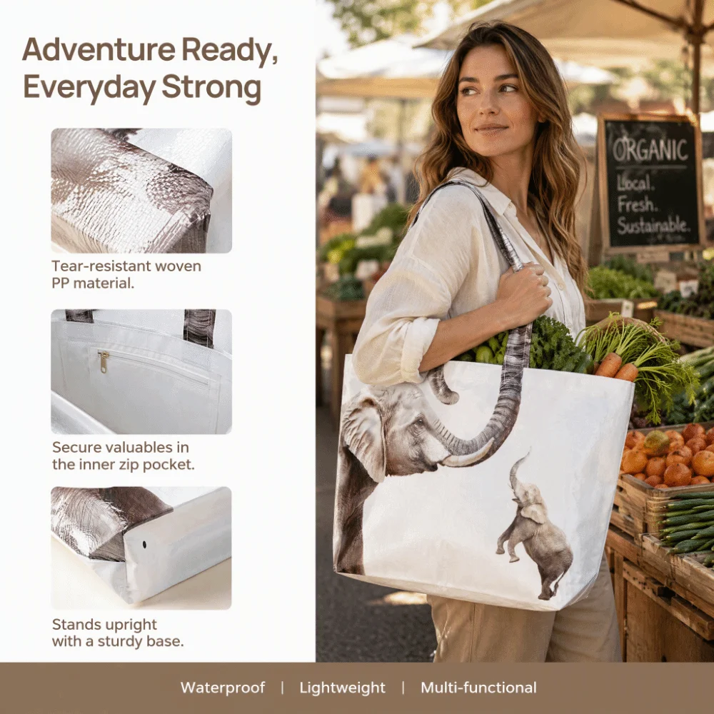 Elephant Print Woven Tote Bag Waterproof Moisture-proof Elephant Tote Bag Animal ‌Wear Resistant Shopping Tote Bag Cycle Hiking