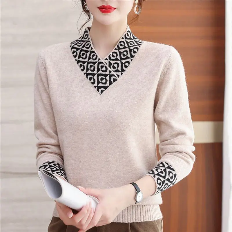 Female Solid Fashion Knitted Pullovers Women Clothes Casual Simple Keep Warm Sweaters Autumn Winter V-neck Knitwear