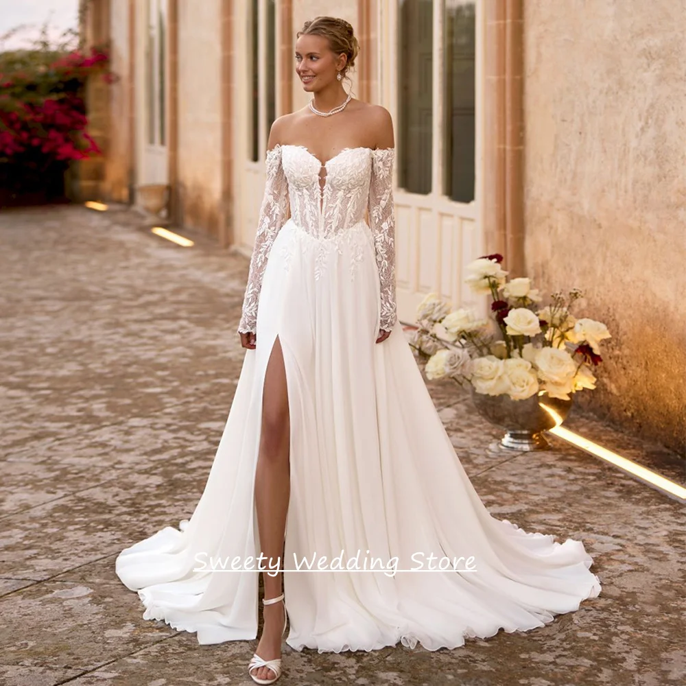 

Summer Wedding Dress Vestidos De Novia Customized Sweetheart Long Sleeves Illusion Lace Applique Slit Chiffon Bride Gown