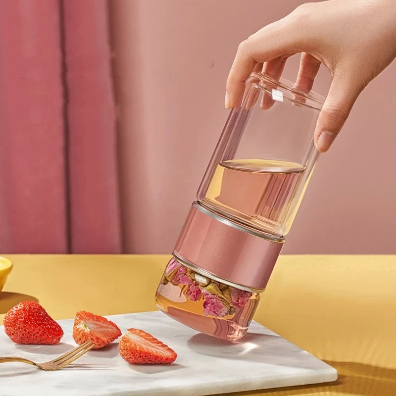 BOZZH 280ML Double Wall Glass Water Bottle Tea Infuser Stainless Steel Filter Separation Tumbler Tea Cup Home Travel Drinkware