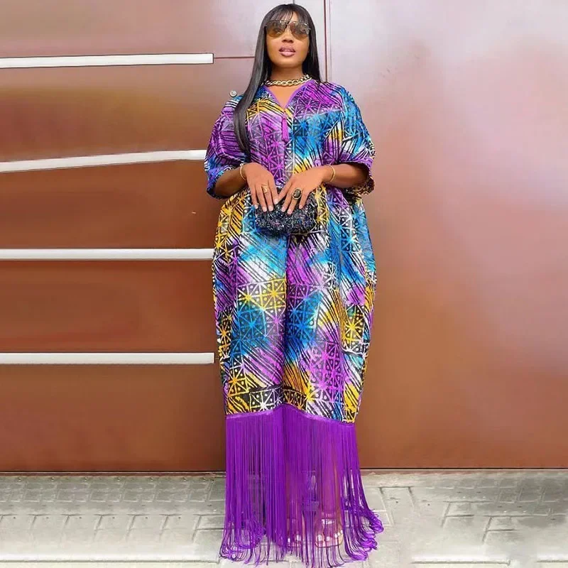 

Vintage Tie Dye Print Straight Loose Maxi Dress for Women Elegant V-neck Tassel Hem Club Party Long Dresses Vestidos Para Mujer