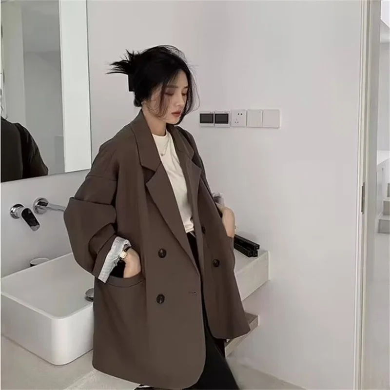 Spring 2025 Women's Casual s Jaets Ladies Suits Coats Straight Cut Polyester Long Sve Double Breasted Pure Color