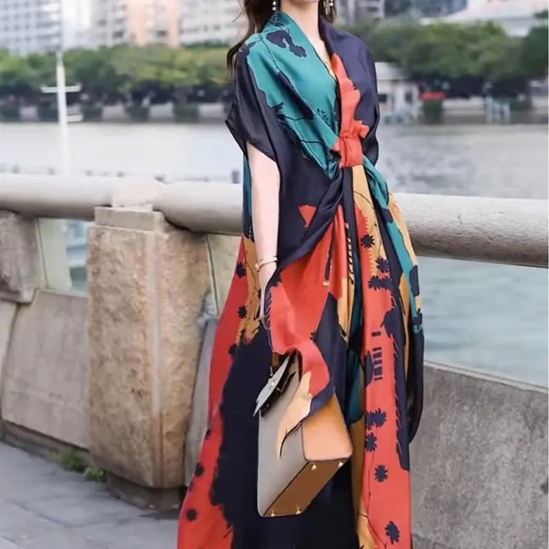 2023 Vintage Contrasting Colors Printed Midi Dress Elegant A-Line Waist Stylish V-Neck Bandage Women\'s Clothing Summer Dresses