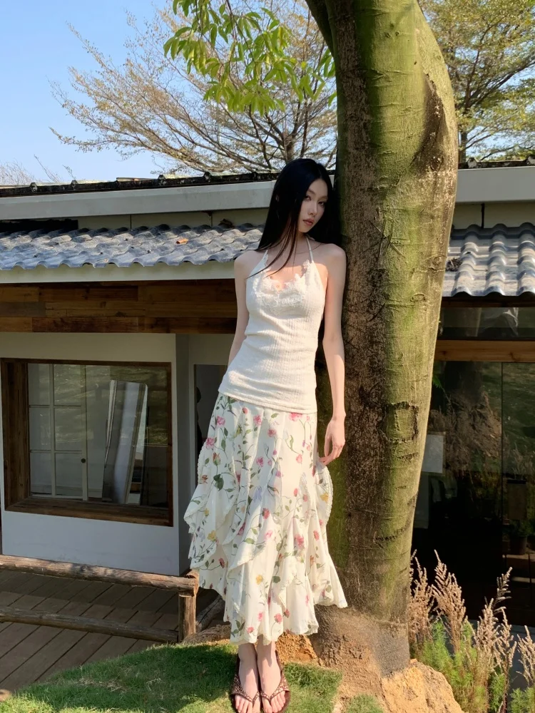 CHEERART Floral Ruffles Lace Summer Skirt For Women 2026 Asymmetrical Long Skirt Fashion Bottoms Designer Clothing