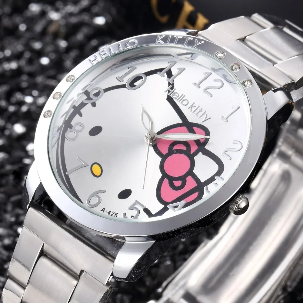 Casual Simple Steel Band Women\'s Watch Kawaii Hello Kitty Cartoon Student Quartz Watch Children\'s Pointer Watch