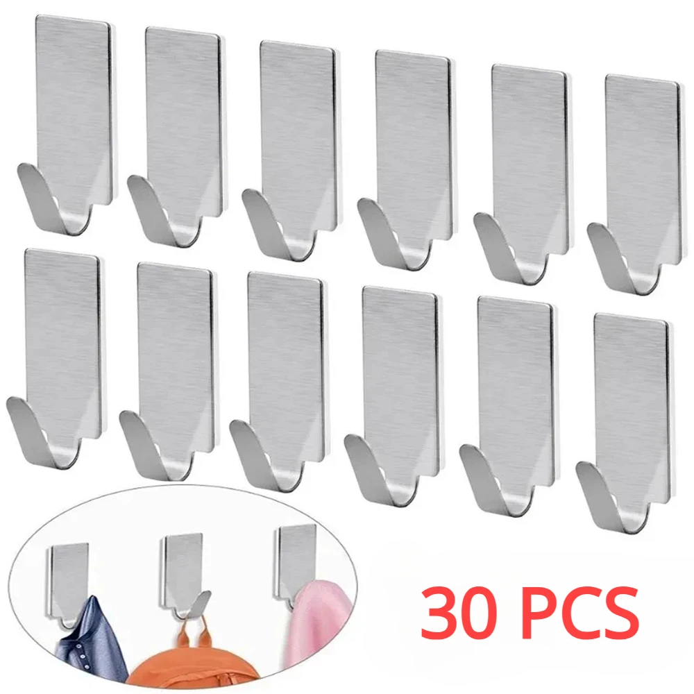 30/1Pcs Self Adhesive Stainless Steel Hook Small Heavy Wall Hanger Hook Bathroom Organizer Towel Rack Multi-purpose Kitchen Hook