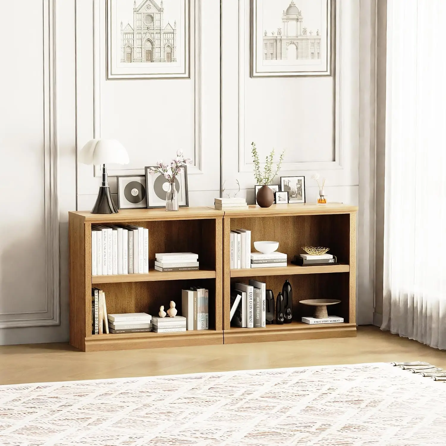 Wooden Double Wide Bookshelf 2 Tier With Storage Cabinets For Living Room Home Office Library Oak, Customized