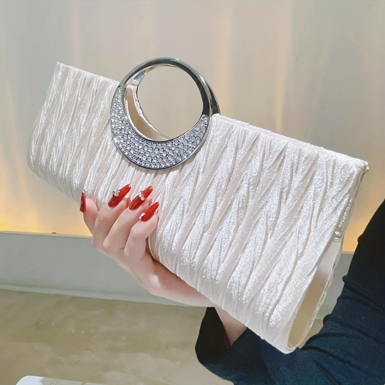 Ruched Satin Evening Bag with Rhinestone Decor - Perfect for Parties, Weddings, and Proms Wire floor cover Book stand Notebook