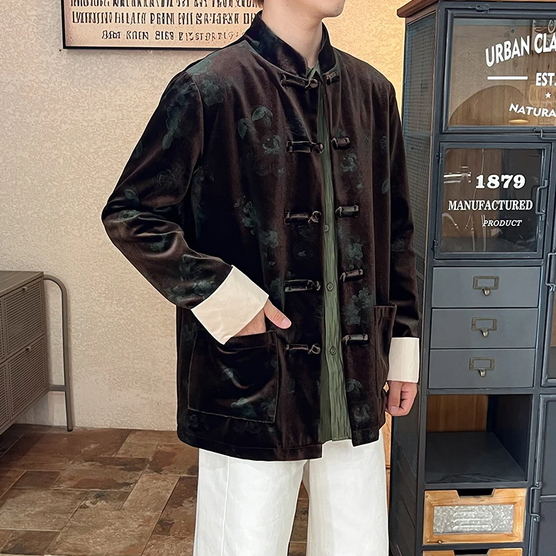 

Новый китайский бархатный длинный свеч Jaet, мужская осенне-зимняя свободная верхняя одежда Hanfu на пуговицах, большой размер, молодежная мода