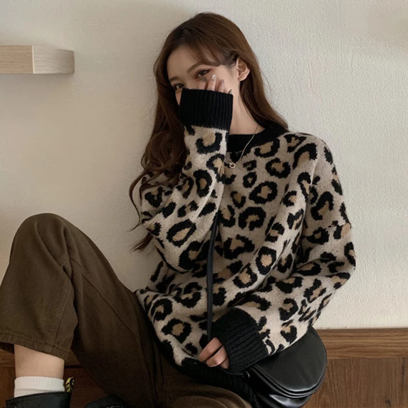 Biyaby Leopard Strick pullover Frau Vintage faulen Stil lose Pullover Bluse Frauen 2023 Herbst Winter O-Neck Bottom ing Pullover