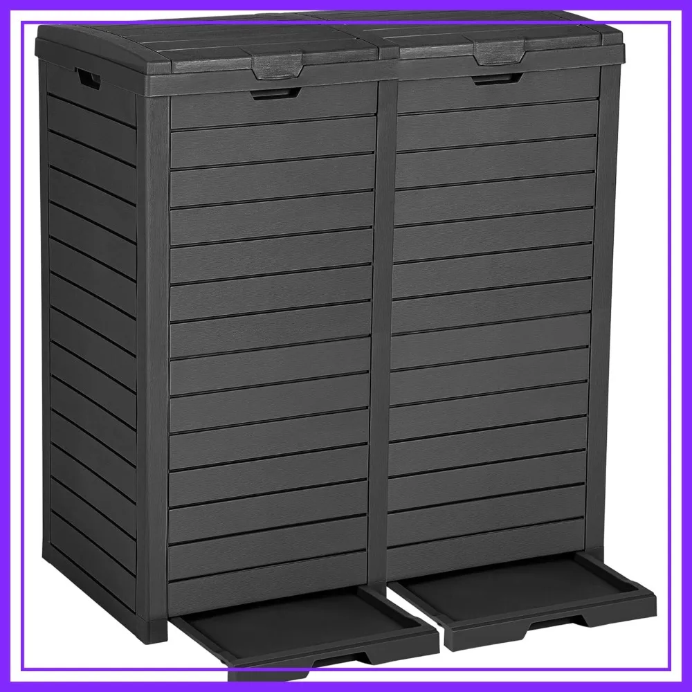 

76 Gallon Outdoor Resin Trash Can with Dual Lid and Drip Trays, 248 Quart Hideaway Garbage Bin for Porch, Backyard