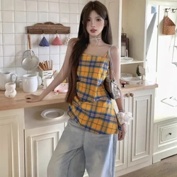 Summer Popularity Sling T Shirk Tops Sweet Fashion Patchwork Pleated Plaid Slim Asymmetrical Off Shoulder Tanks Women Clothes