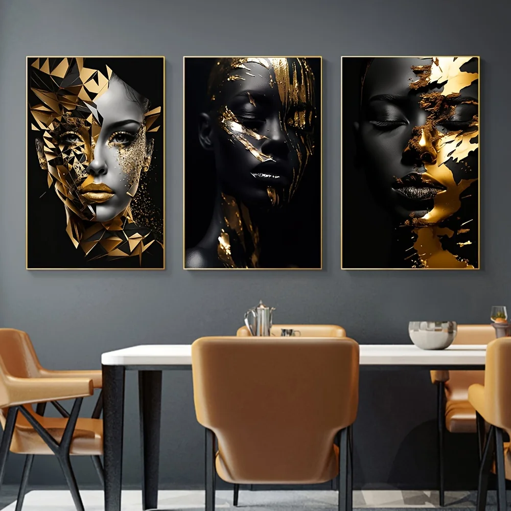 3pcs Golden Radiant African Beauty Art Posters Print Canvas Painting Modern Fashion Portrait Wall Art for Liivng Room Decor