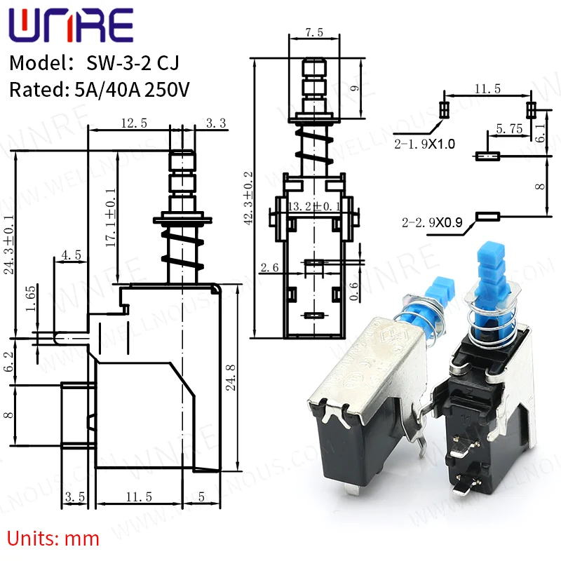 SW-3-2CJ Self-locking Power Switch Keyboard TV Home Appliance Switch Blue Handle With Spring Button Accessories