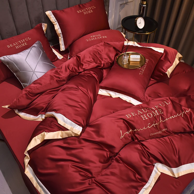 Spring Summer Bedding Set Luxury Embroidery Duvet Cover Cool Washed Silk Home Linens Fitted Sheet,Imitation Ten cel Silk King