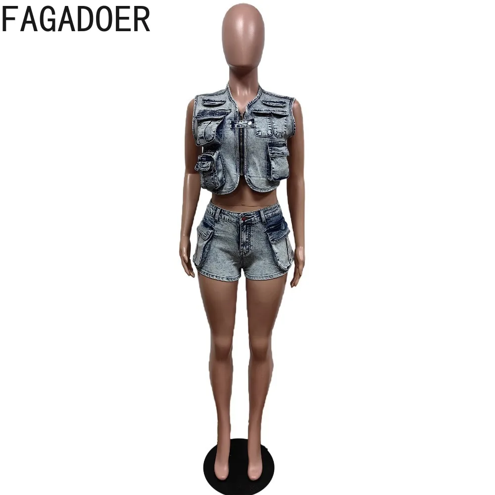 FAGADOER Fashion Denim Trend Streetwear donna Zip senza maniche tasca Crop Top e pantaloncini due pezzi set estate nuovi abiti da Cowboy