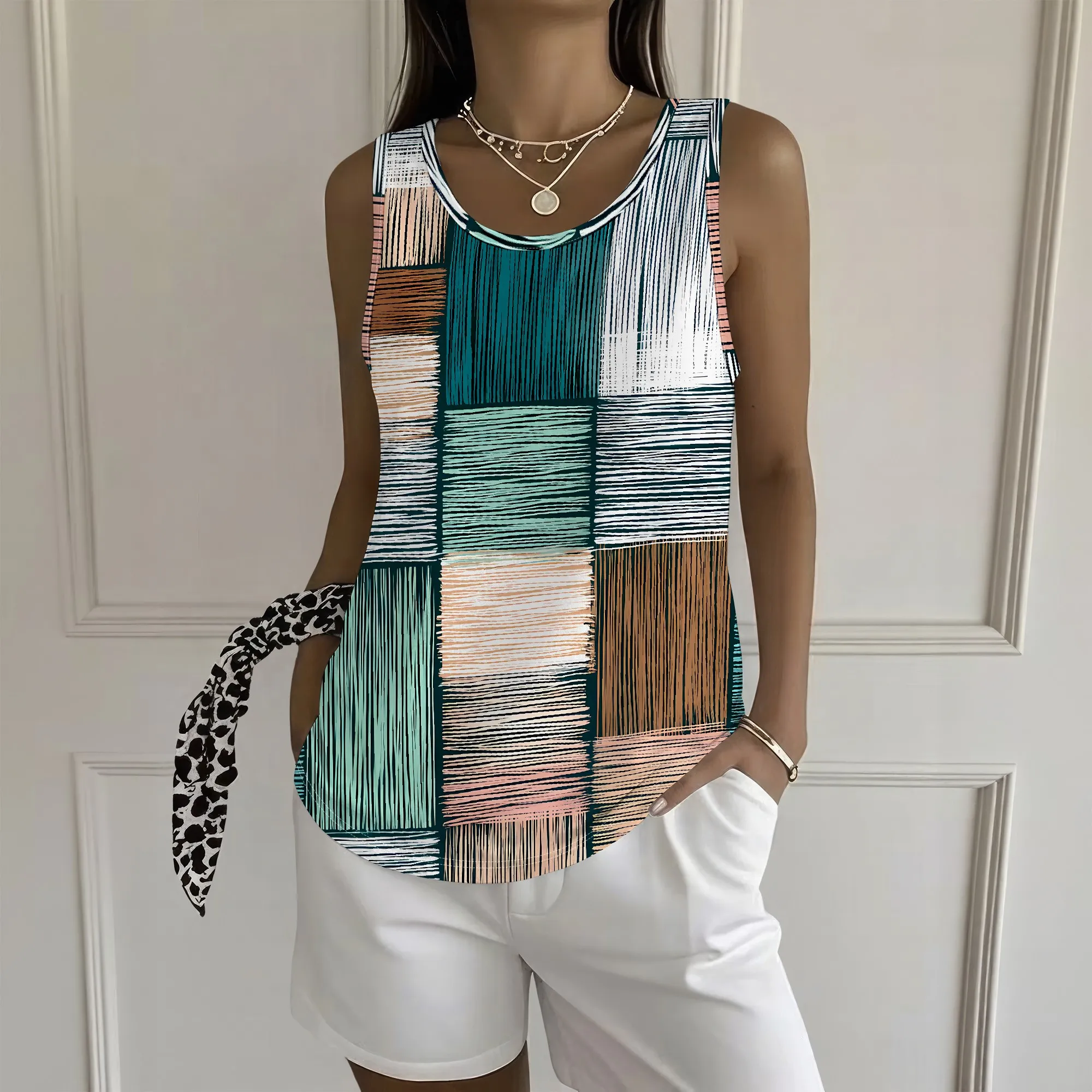 Sleeveless Printed Tank Top, Abstract Brushstroke Pattern, Colorful Geometric Art Style, Summer Casual Wear, S-2XL